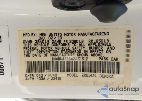 2010 Toyota Corolla Le from USA, damaged, VIN 1NXBU4EE6AZ351512